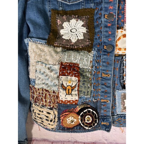 Calvin Klein Altered Hand Embroidered Upcycled Patched Denim Jacket - Picture 3 of 16
